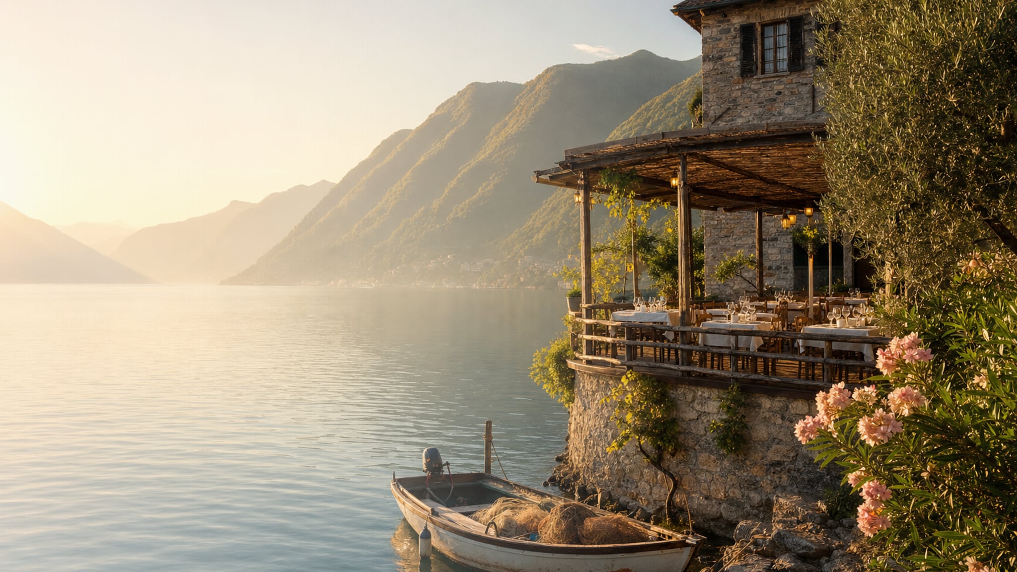 La casa del pescatore sulla riva del Lago di Como nell'ora dorata